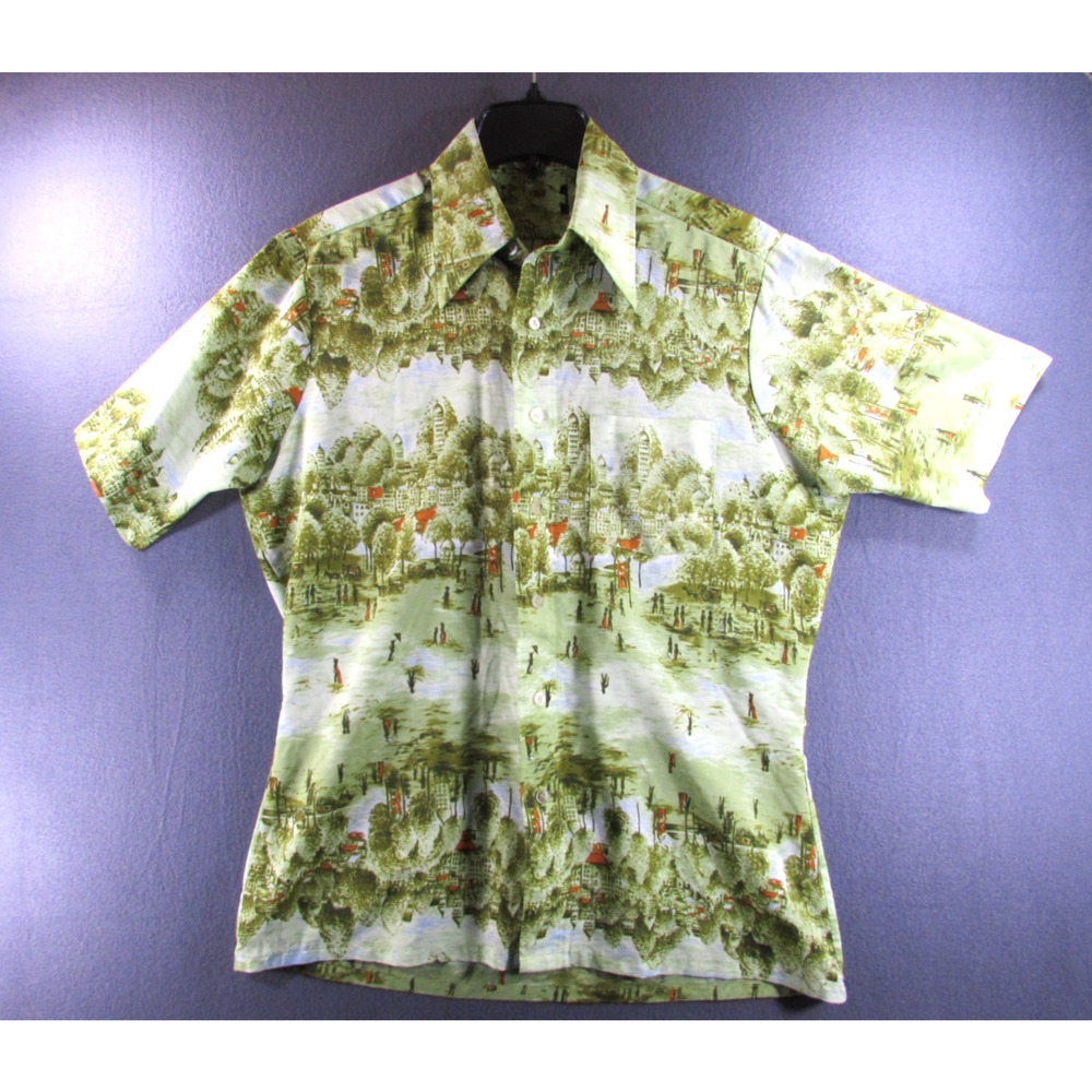VTG National Shirt Shops Contour Fit Green Hawaiian Style Shirt Mens Size M